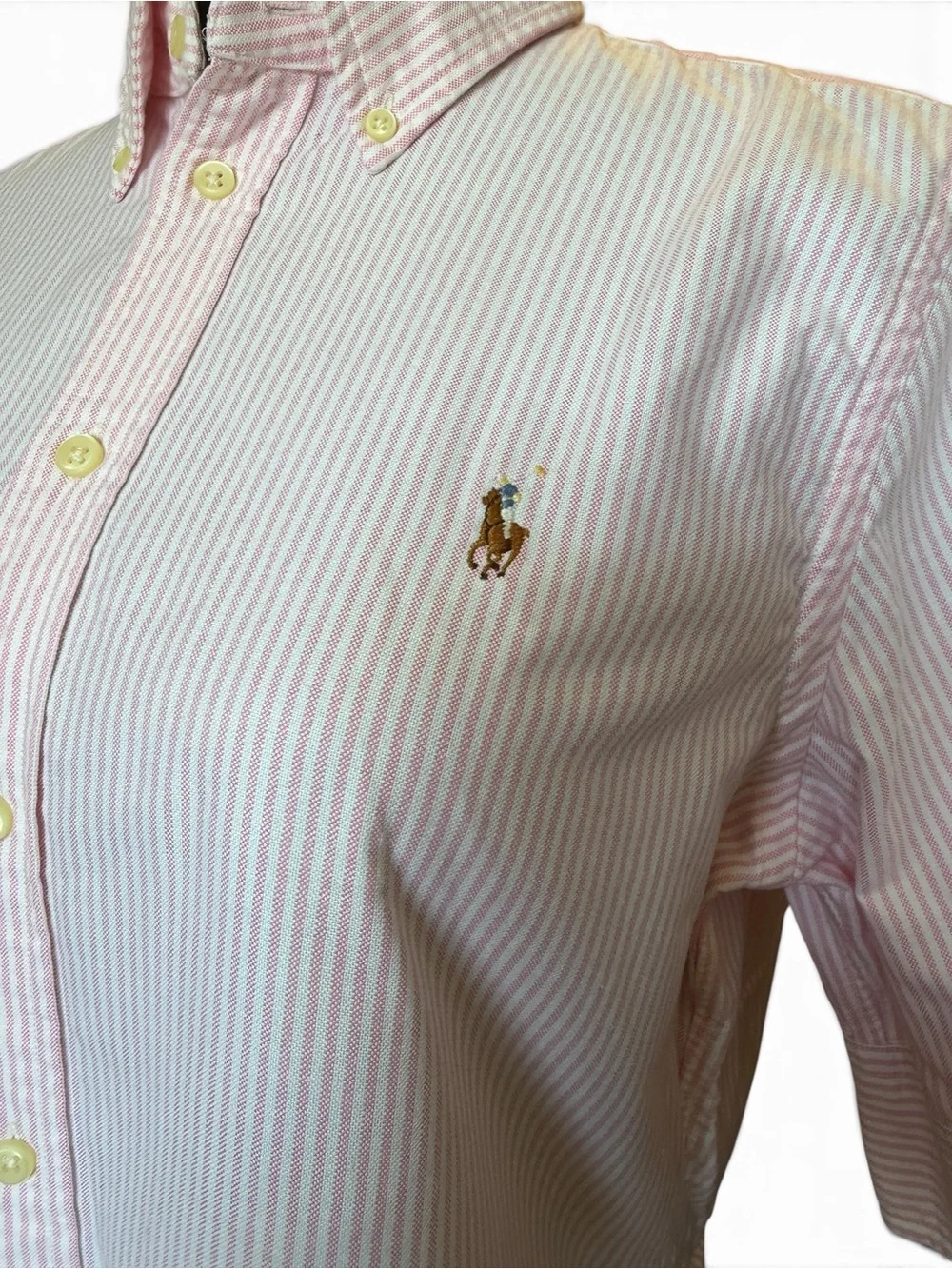 Ralph Lauren Women’s Large Pink White Striped Oxford Button Down Short Sleeve - Picture 4 of 10